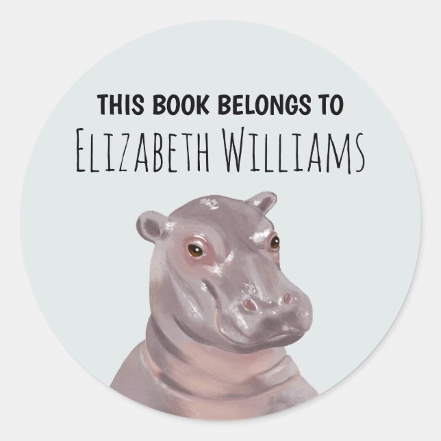 Hippo Illustration Personalized Name School  Classic Round Sticker (Front)