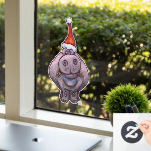 Hippo in a Santa Hat Christmas Window Cling