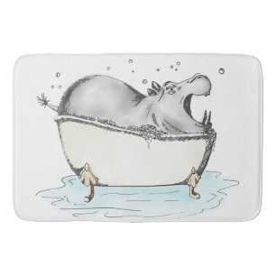 Hippo in Bath Fun Illustration Watercolor Mat