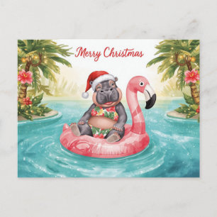 Hippo in Bikini at Christmas Pool Party Holiday Postcard