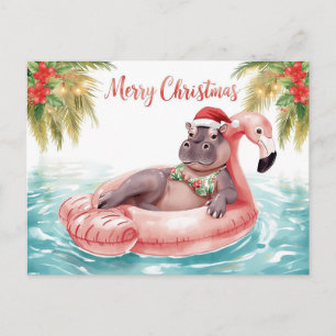 Hippo in Bikini at Christmas Pool Party Holiday Postcard