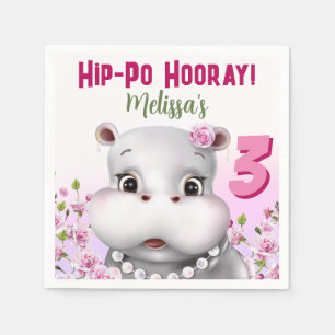 Hippo in Pearls Pink Floral Girl Birthday Napkin