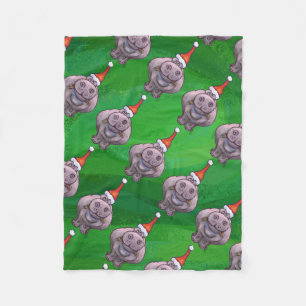 Hippo in Santa Hat Pattern On Green Fleece Blanket