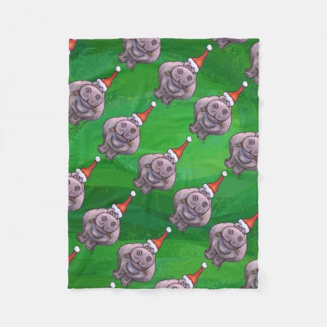 Hippo in Santa Hat Pattern On Green Fleece Blanket (Front)