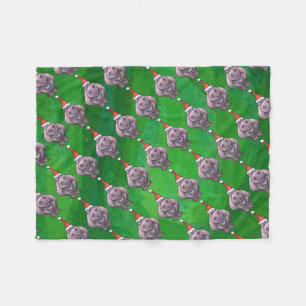 Hippo in Santa Hat Pattern On Green Fleece Blanket