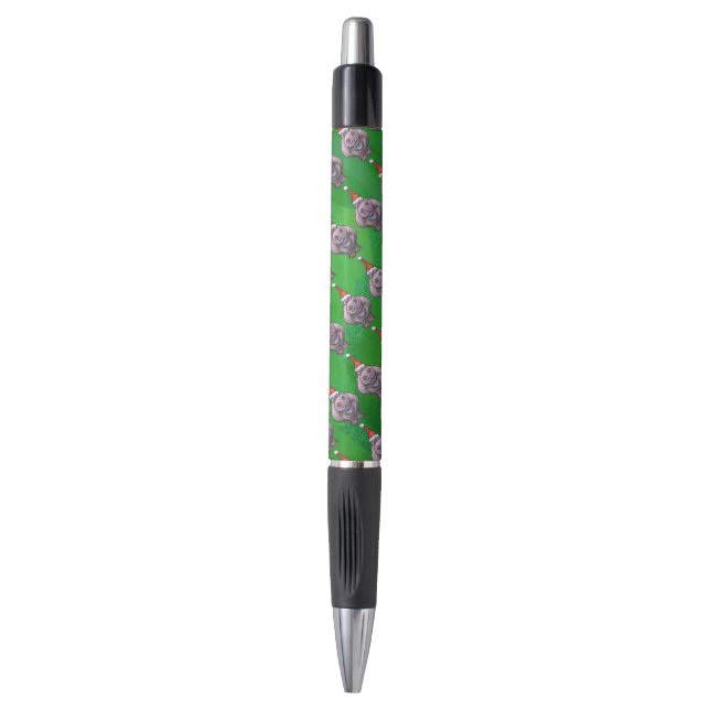 Hippo in Santa Hat Pattern On Green Pen (Front Vertical)