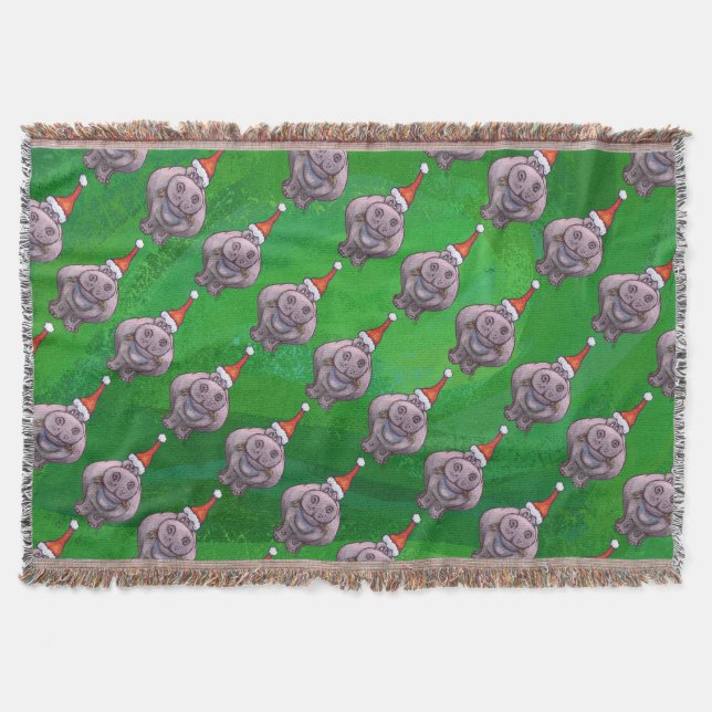 Hippo in Santa Hat Pattern On Green Throw Blanket (Front)
