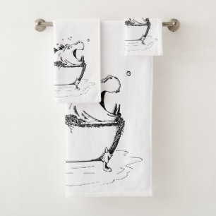 Hippo in the Bath Fun Illustration Black Bath Towel Set