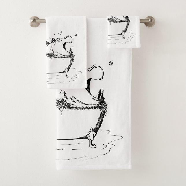 Hippo in the Bath Fun Illustration Black Bath Towel Set (Insitu)