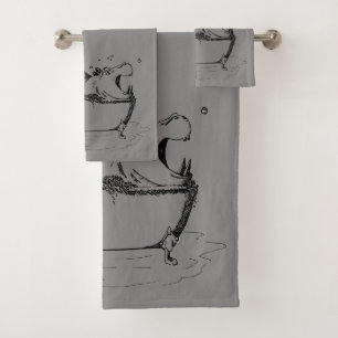 Hippo in the Bath Fun Illustration Grey Black Bath Towel Set