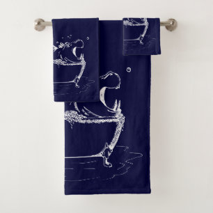 Hippo in the Bath Fun Illustration Navy Blue Bath Towel Set