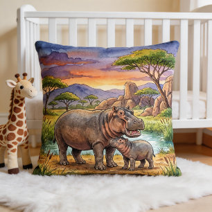 Hippo Mama And Calf Safari Animals  Throw Pillow