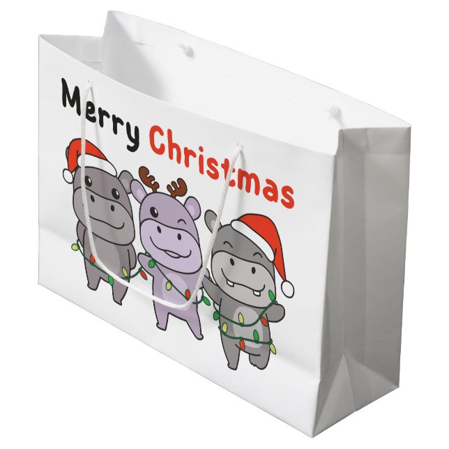 Hippo Merry Christmas Cute Dogs Holiday Large Gift Bag (Front Angled)
