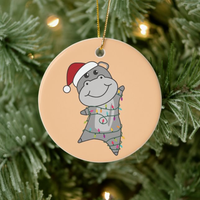 Hippo Merry Christmas Winter Animals Hippos Adult  Ceramic Ornament (Tree)