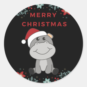 Hippo Merry Christmas Winter Animals Hippos Classi Classic Round Sticker