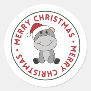 Hippo Merry Christmas Winter Animals Hippos Classi Classic Round Sticker