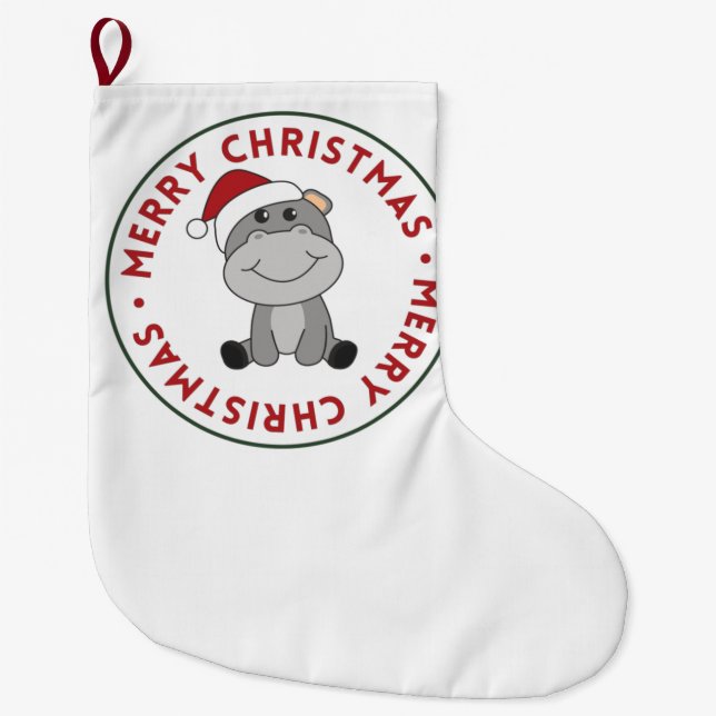 Hippo Merry Christmas Winter Animals Hippos Large Christmas Stocking (Front)