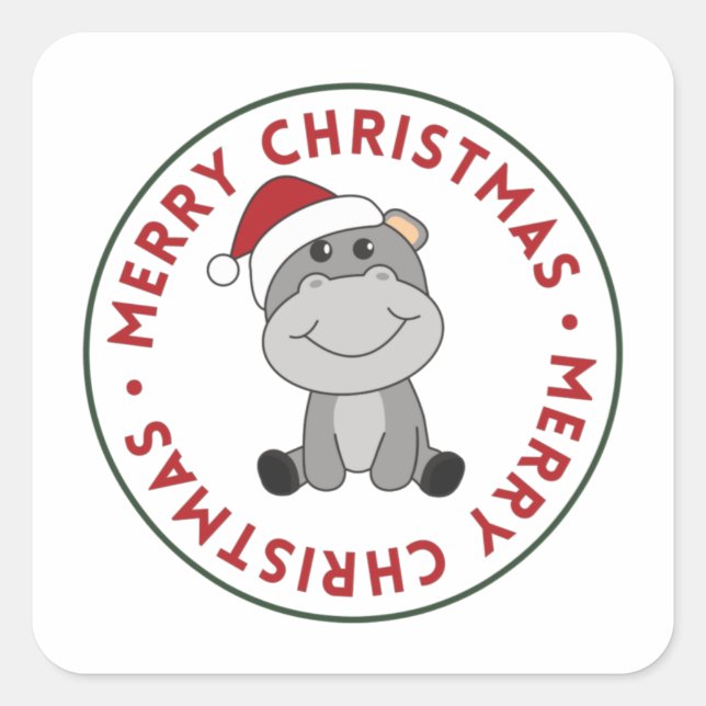 Hippo Merry Christmas Winter Animals Hippos Square Square Sticker (Front)