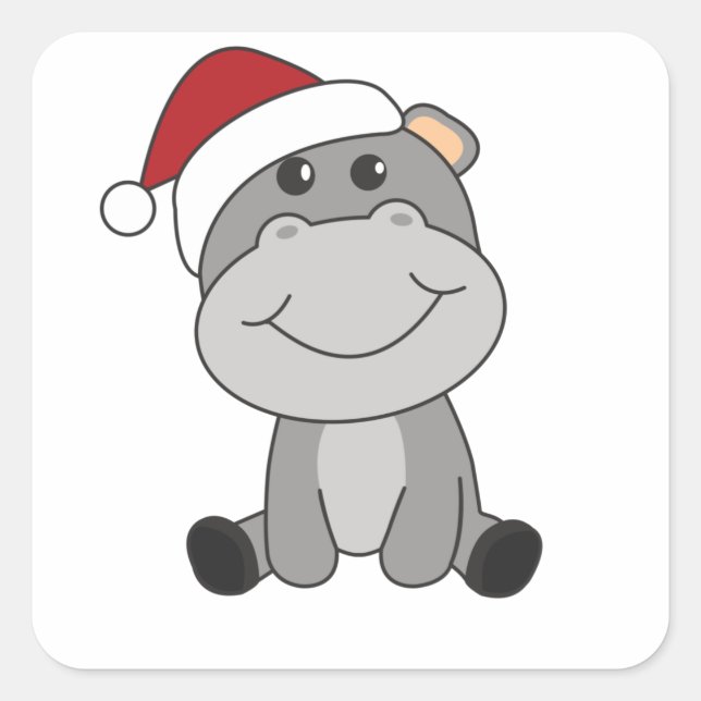 Hippo Merry Christmas Winter Animals Hippos Square Sticker (Front)