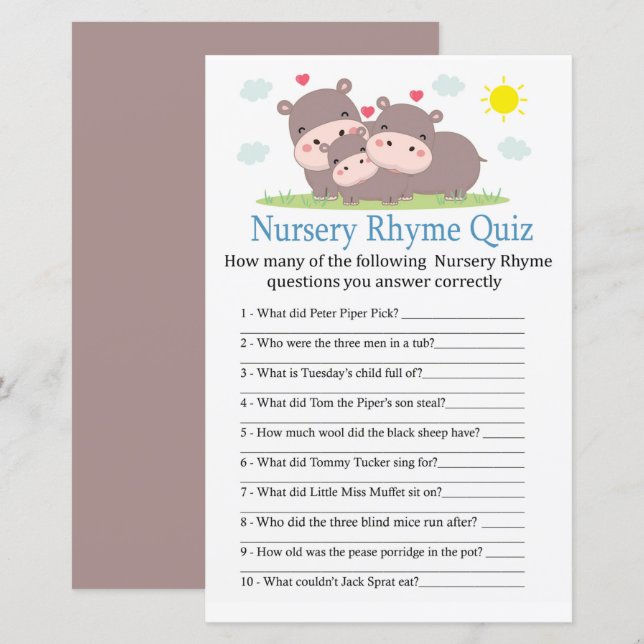Hippo Nursery Rhyme Quiz baby shower game (Front/Back)