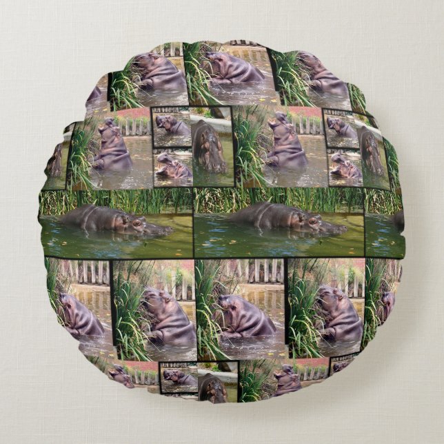 Hippo Photo Collarge, Round Pillow (Front)