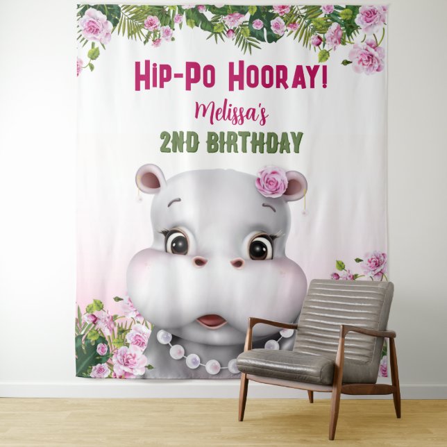 Hippo Pink Floral Girl Birthday Backdrop Tapestry (In Situ)