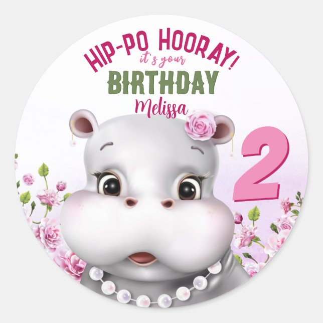 Hippo Pink Floral Girl Birthday Classic Round Sticker (Front)