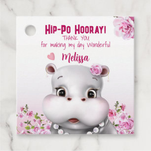 Hippo Pink Floral Girl Birthday Favour Tags