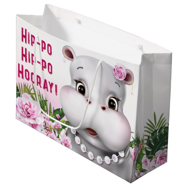 Hippo Pink Floral Girl Birthday Large Gift Bag (Front Angled)