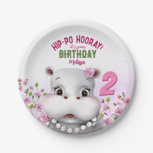 Hippo Pink Floral Girl Birthday Paper Plate
