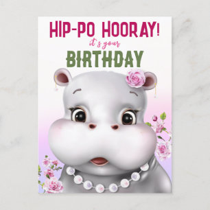 Hippo Pink Floral Girl Birthday Postcard