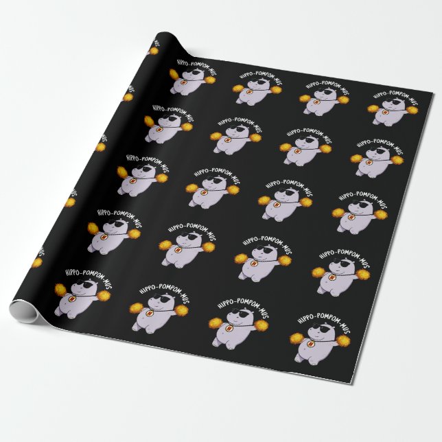 Hippo-pompom-mus Funny Animal Hippo Pun Dark BG Wrapping Paper (Unrolled)