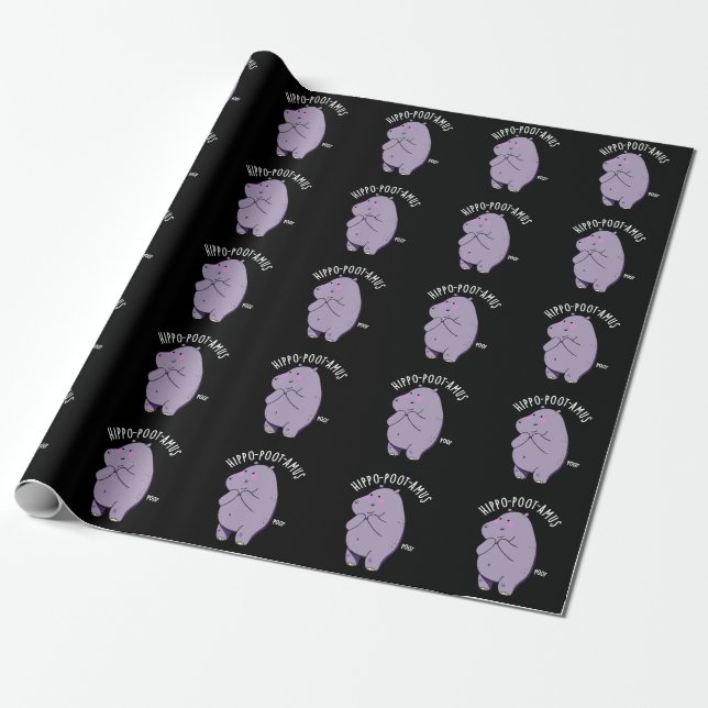  Hippo-poot-amus Funny Farting Hippo Pun Dark BG Wrapping Paper (Unrolled)