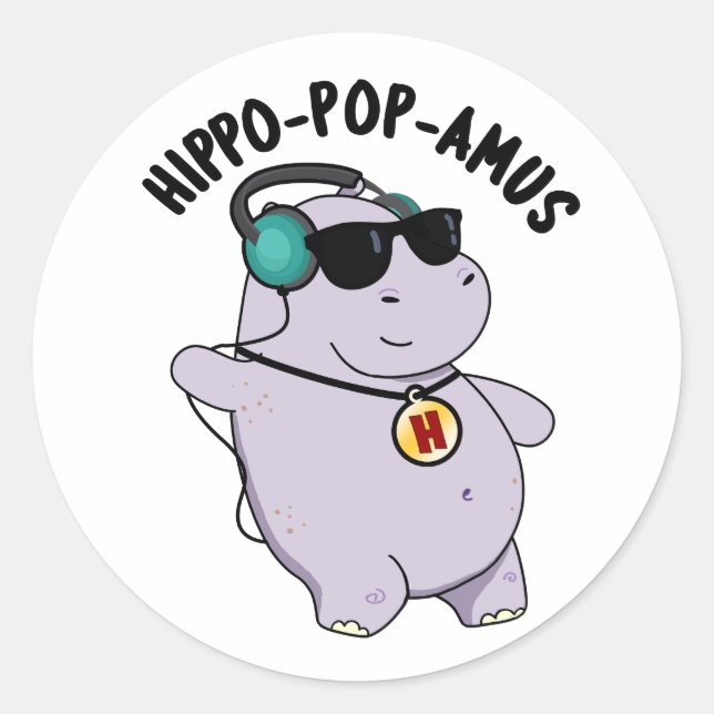 Hippo-pop-amus Funny Pop Music Hippo Pun  Classic Round Sticker (Front)