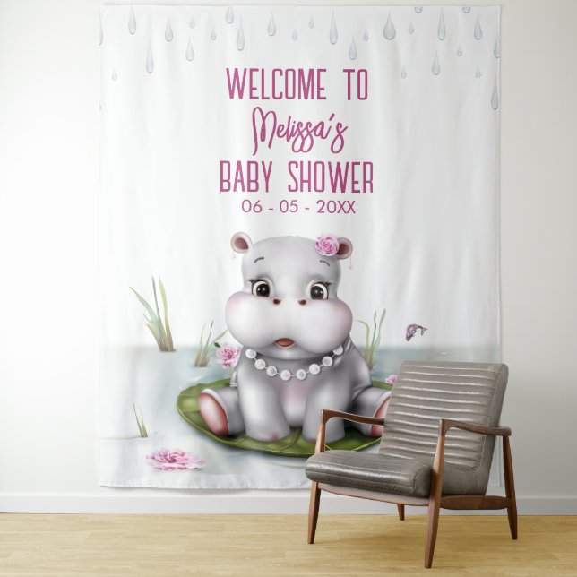 Hippo River Adventure Girl Baby Shower Backdrop Tapestry (In Situ)