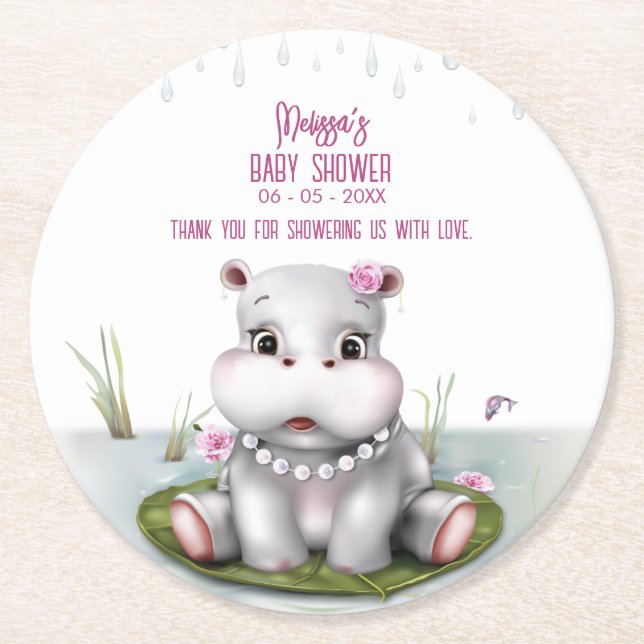 Hippo River Adventure Girl Baby Shower Round Paper Coaster (Front)