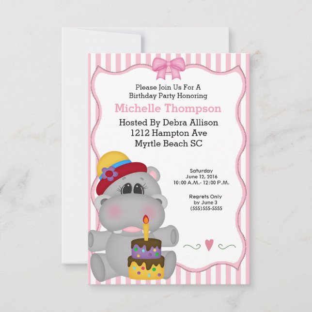 Hippo rose Invitations de fête d'anniversaire (Devant)