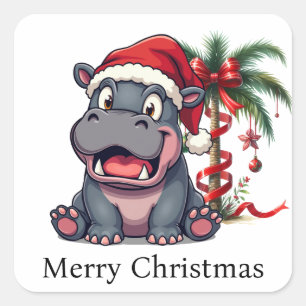 Hippo Santa  Holiday Cheer Button Square Sticker