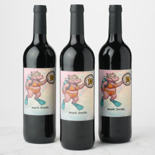 Hippo scuba diver 30th Birthday Wine Label