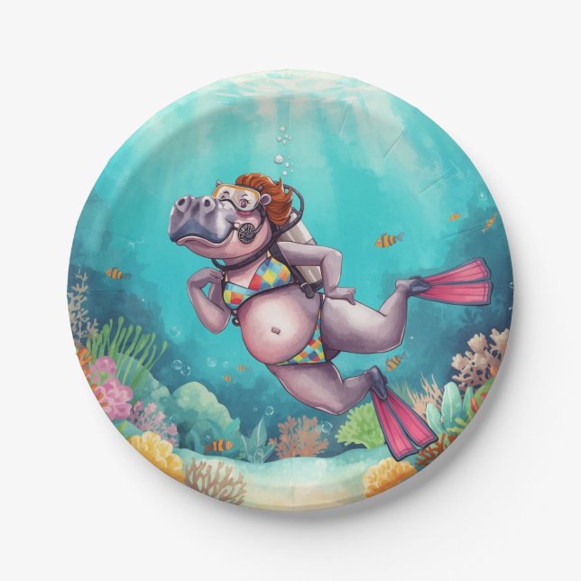 Hippo Scuba diver underwater  Paper Plate (Front)