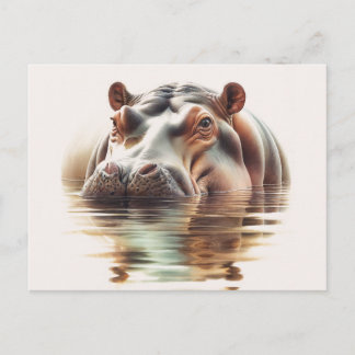 Hippo Submerged In Water Watercolor Postcard