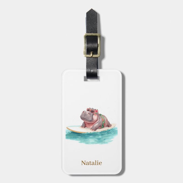 Hippo Surfer on Surf Board Luggage Tag (Front Vertical)