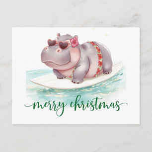 Hippo Surfer on Surf Board on Christmas Holiday Postcard