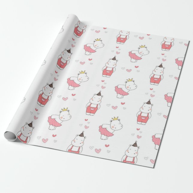 Hippo Valentines Love Pattern Wrapping Paper (Unrolled)