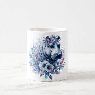 Hippo Watercolor Floral Art Coffee Mug