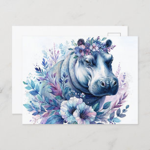 Hippo Watercolor Floral Art Postcard