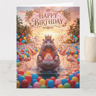 Hippo Wearing a Crown and Holding a Birthday Cake  Card