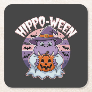Hippo-ween Spooky Halloween Moo Deng Hippo Ghost Square Paper Coaster