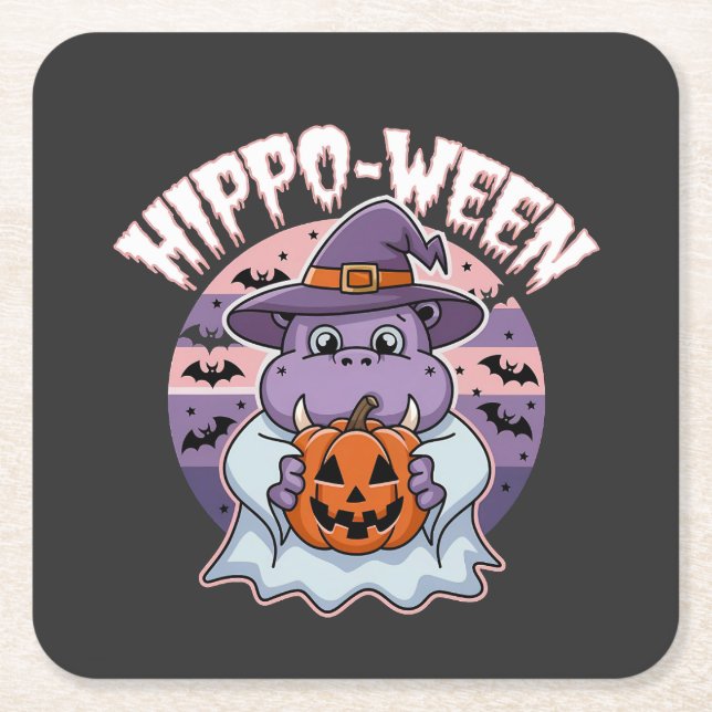 Hippo-ween Spooky Halloween Moo Deng Hippo Ghost Square Paper Coaster (Front)