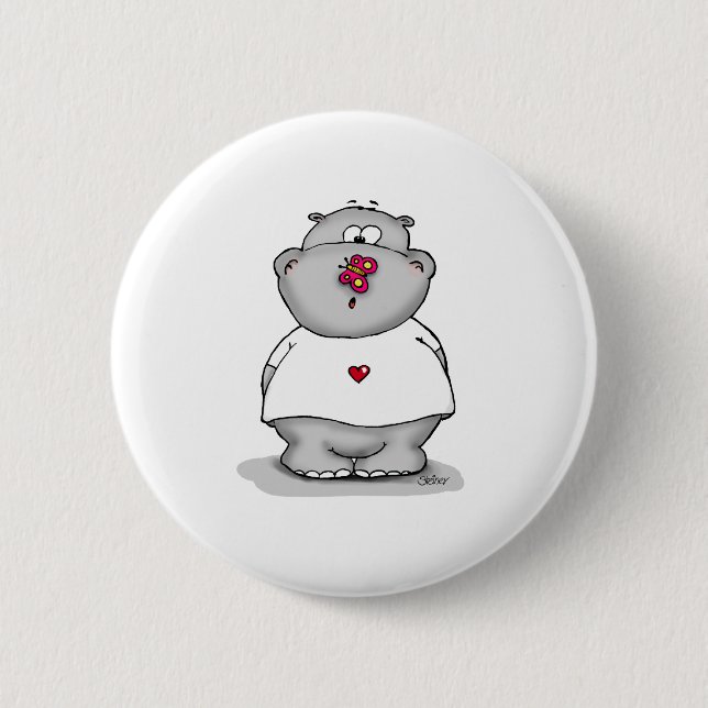 Hippo with Butterfly on his Nose 2 Inch Round Button (Front)